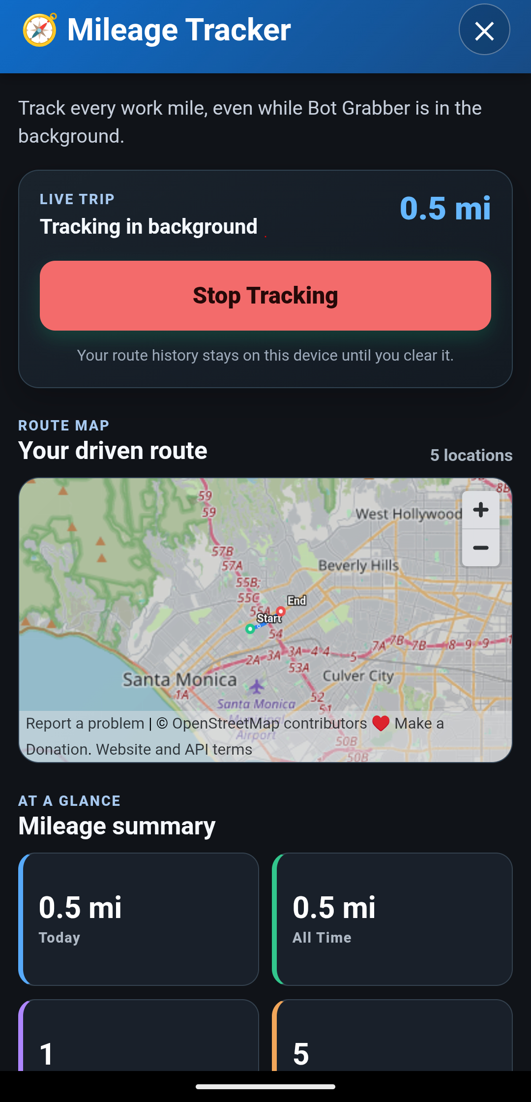 Bot Grabber Mileage Tracker actively tracking a route