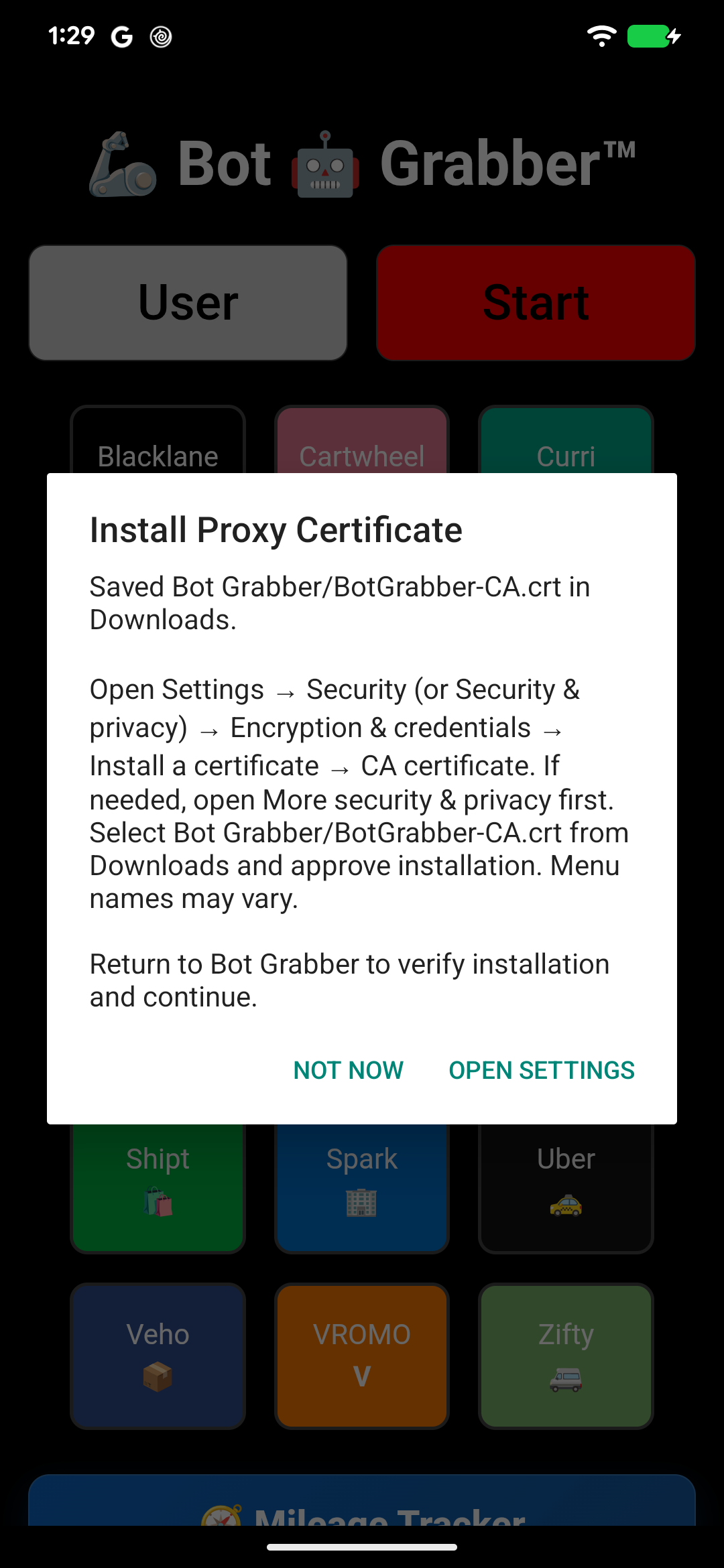 Bot Grabber saves the certificate in Downloads/Bot Grabber. Tap Open Settings when prompted.