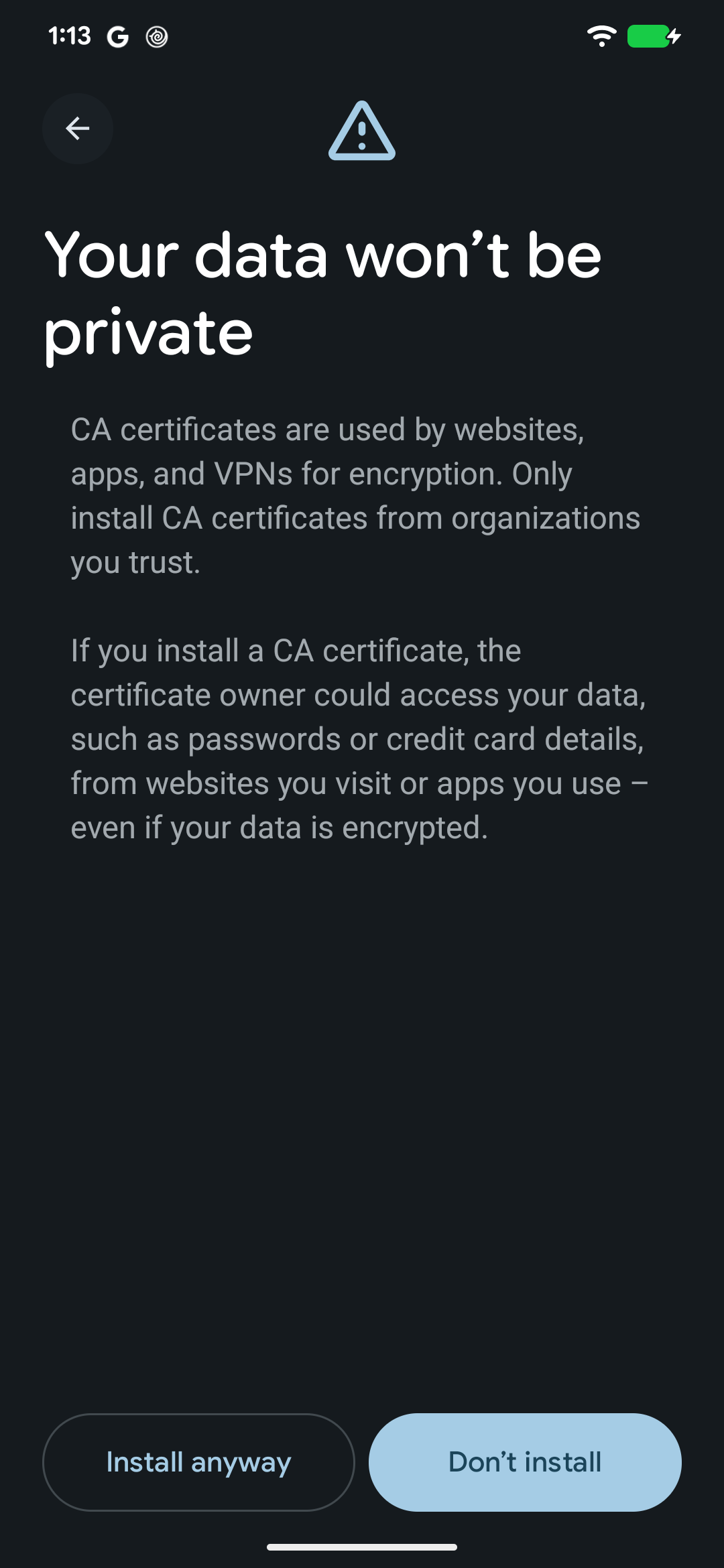 Android certificate installation warning