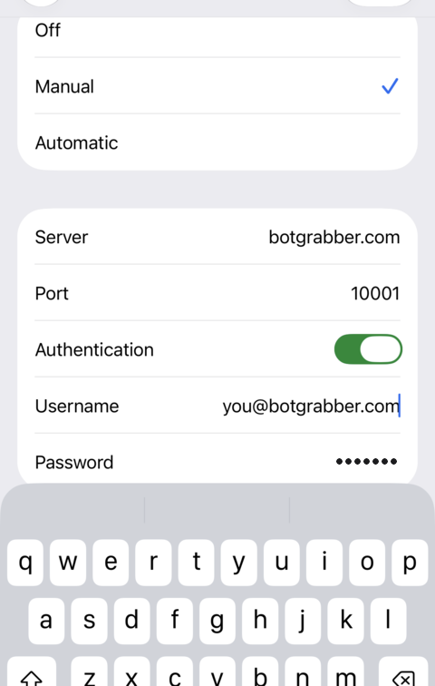 iPhone Configure Proxy screen with manual proxy settings