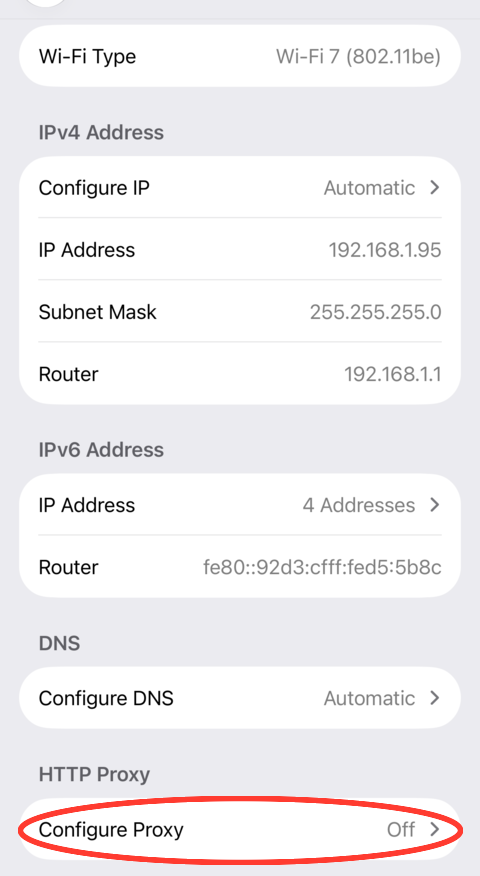 iPhone connected Wi-Fi network details screen with Configure Proxy highlighted