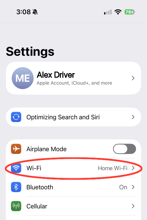 iPhone Settings screen showing the Wi-Fi option