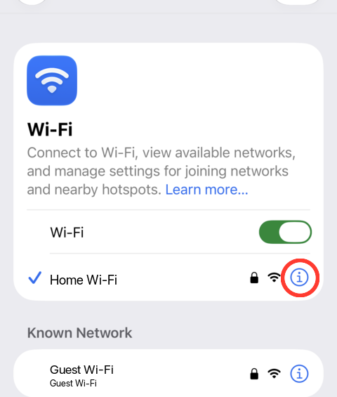 iPhone Wi-Fi settings screen showing the connected network