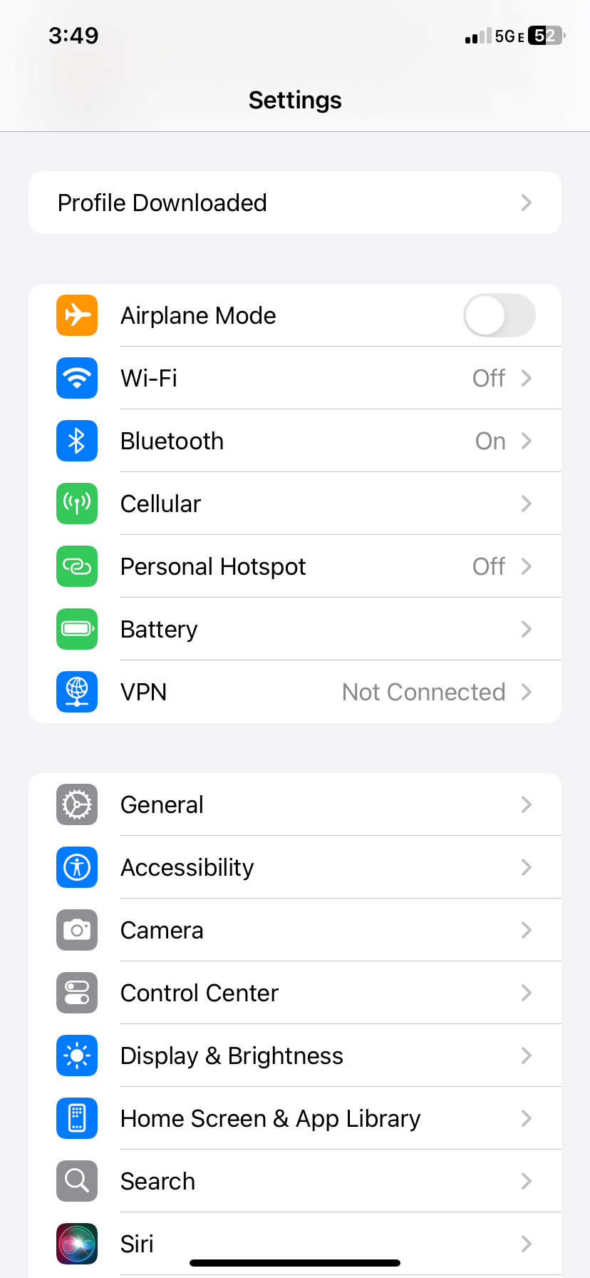 iPhone Settings screen showing Profile Downloaded